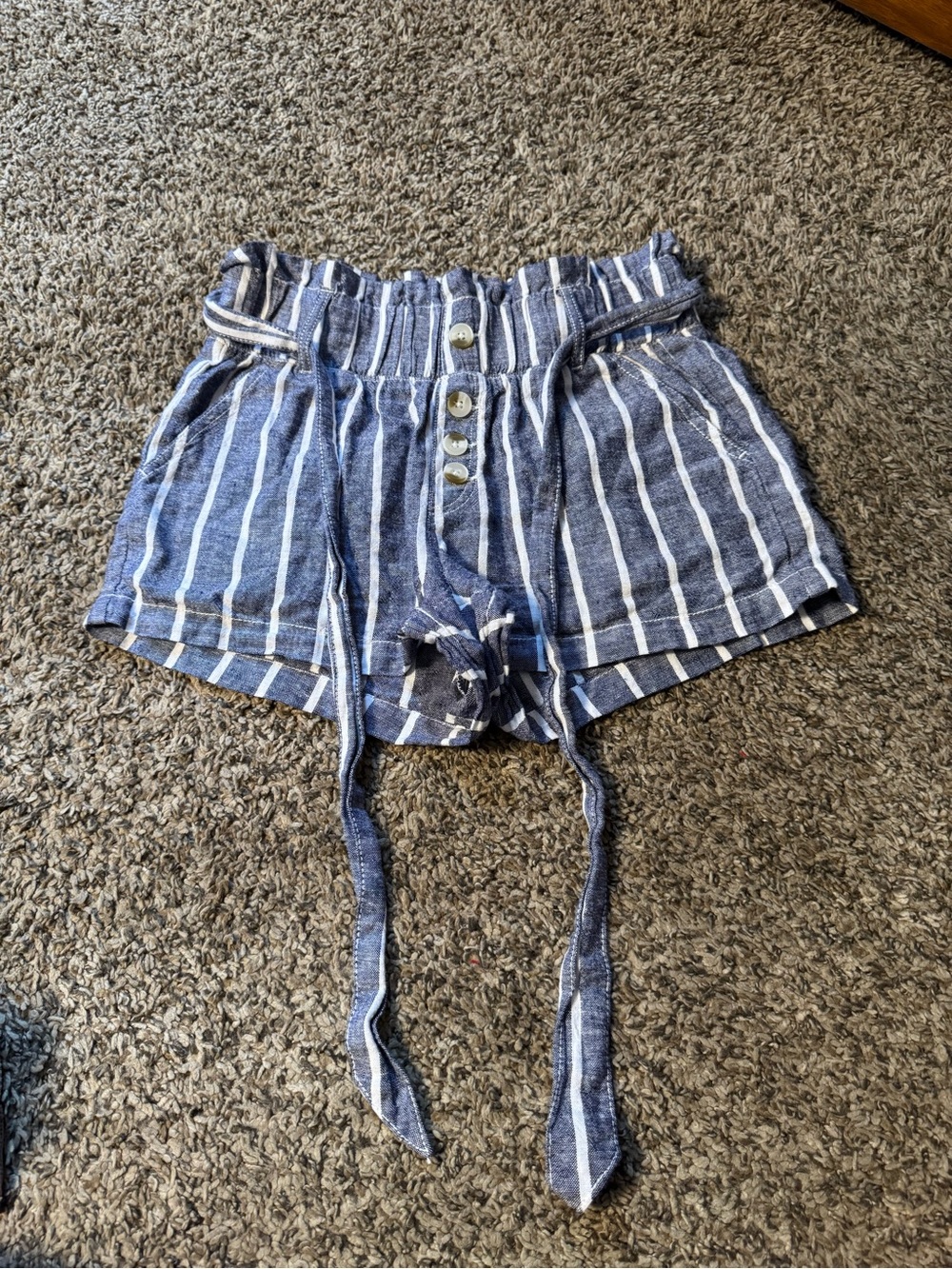 Sincerely Jules Navy and White High-Waist Striped Paperbag Shorts